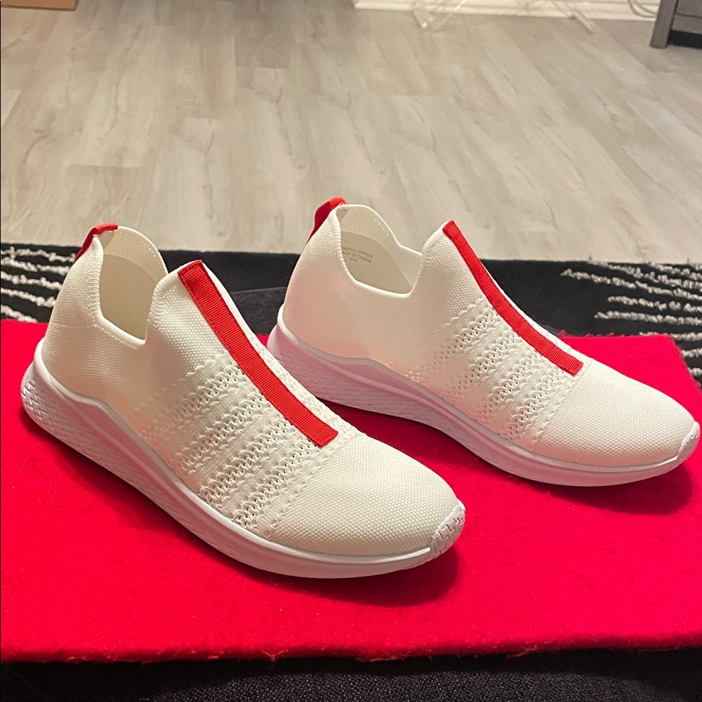 Stylish White and Red Women's Slip-On Sneakers